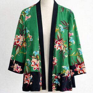 Chico's SZ2-XL Reversible Green Floral/Solid Navy Kimono Boho Chic Dressy Asian